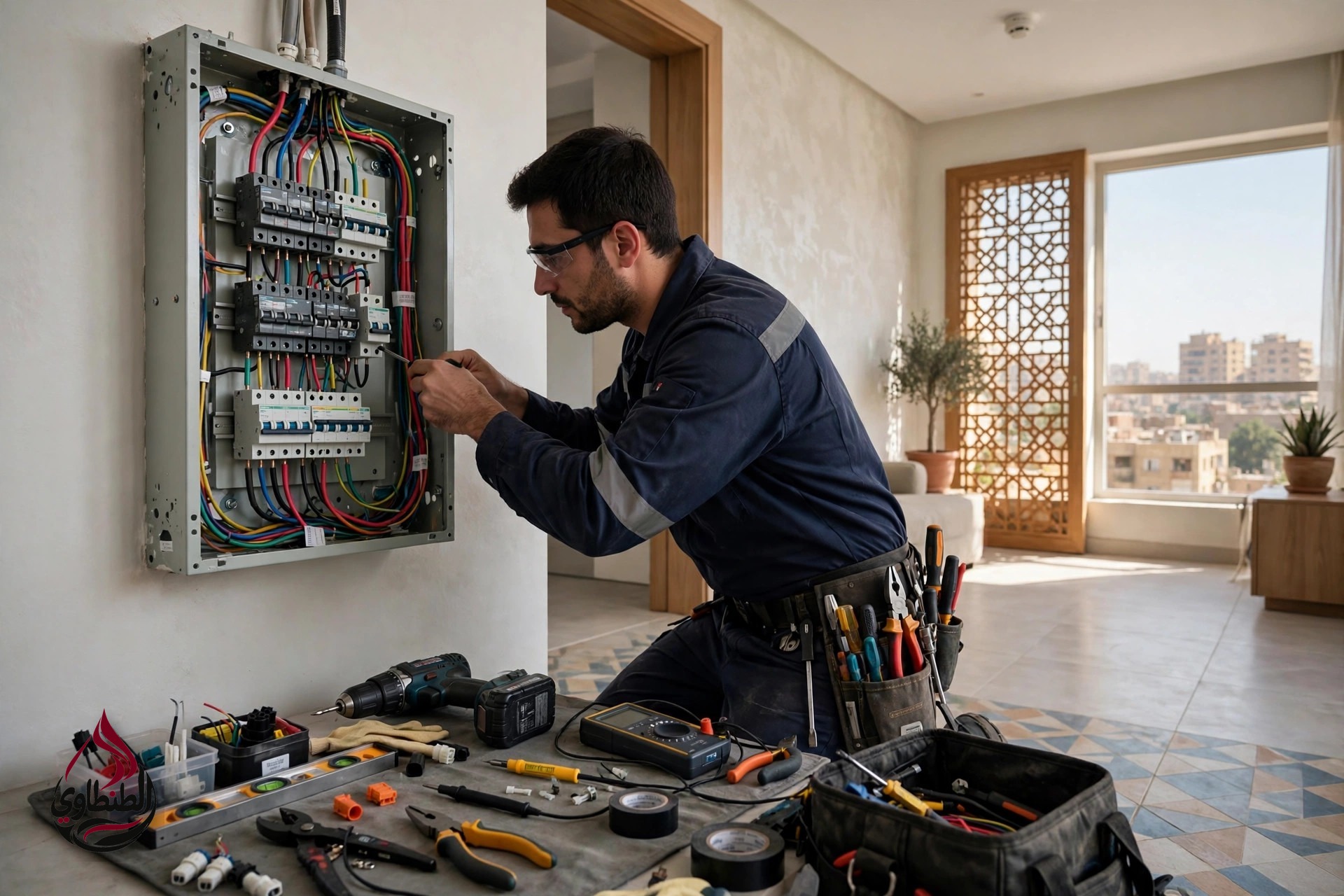 فني كهرباء أثناء صيانة لوحة توزيع كهربائية في شقة