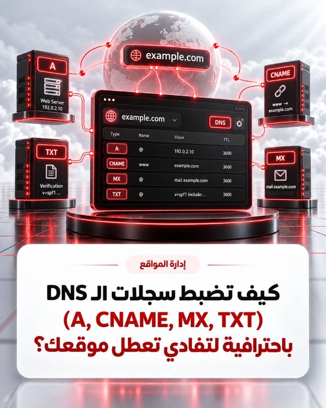 كيف تضبط سجلات الـ DNS (A, CNAME, MX, TXT) باحترافية لتفادي تعطل موقعك؟